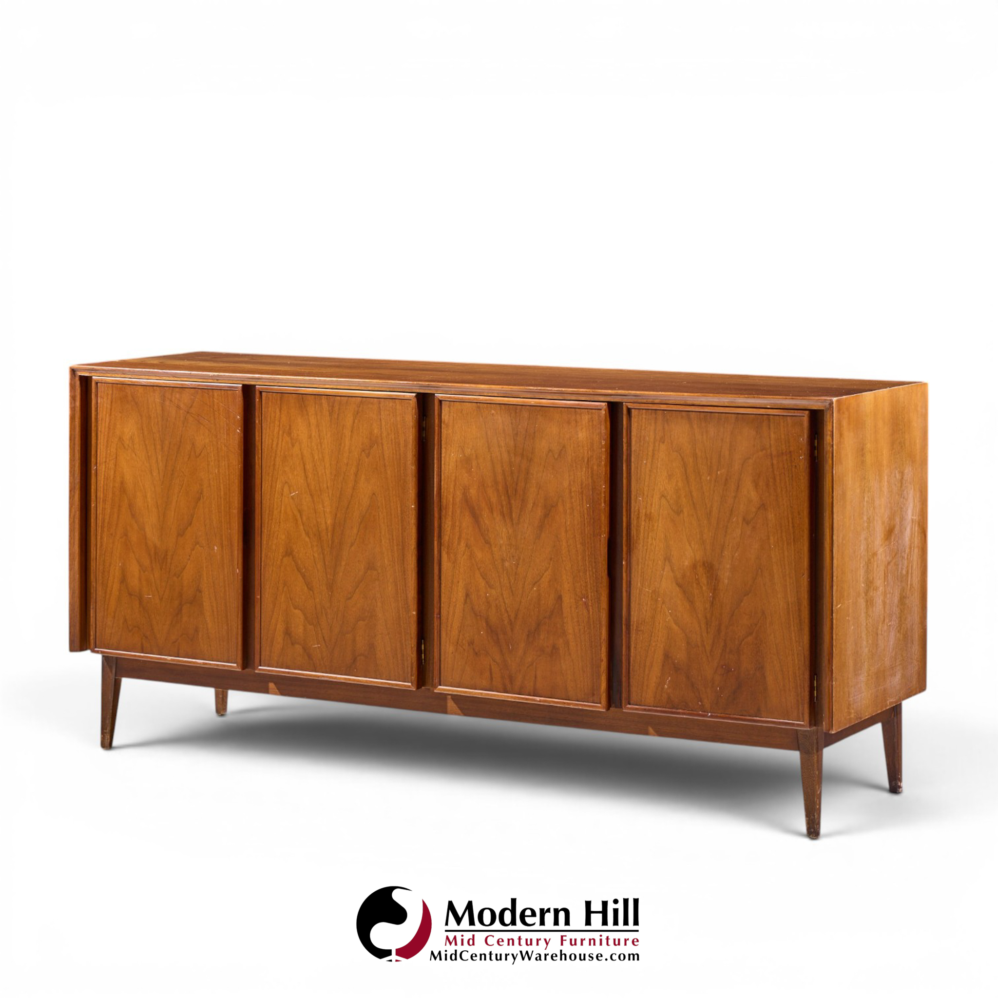 merton gershun for american of martinsville mid century walnut and cane credenza and hutch