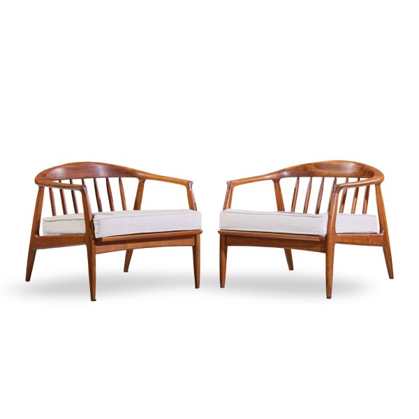 milo baughman for thayer coggin mid century walnut horseshoe lounge chairs - pair