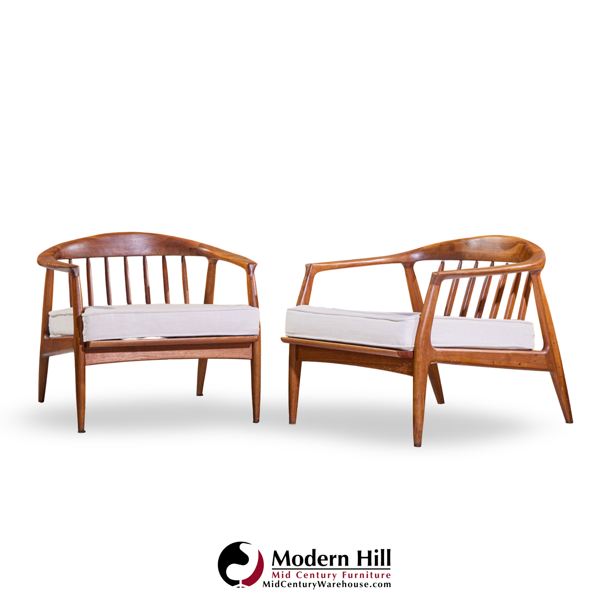 milo baughman for thayer coggin mid century walnut horseshoe lounge chairs - pair