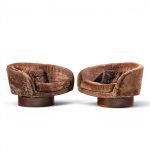 milo baughman for thayer coggin mid century walnut swivel barrel tub chairs - pair