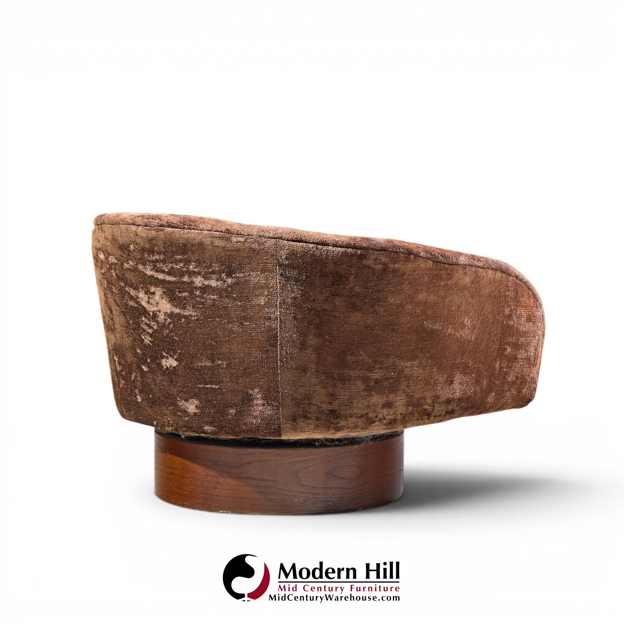 milo baughman for thayer coggin mid century walnut swivel barrel tub chairs - pair