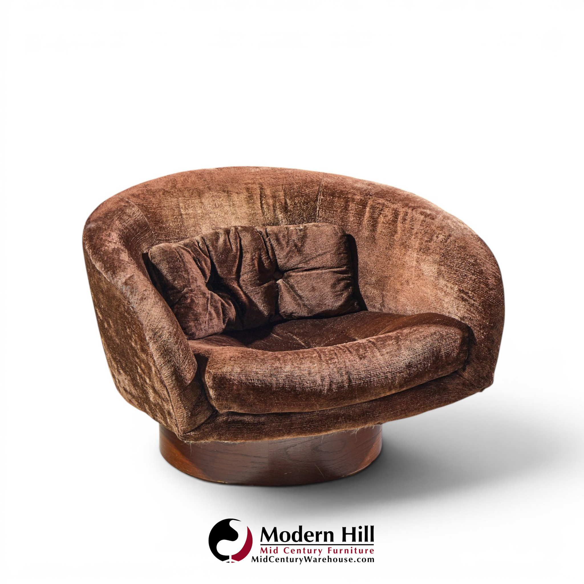 milo baughman for thayer coggin mid century walnut swivel barrel tub chairs - pair