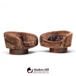 milo baughman for thayer coggin mid century walnut swivel barrel tub chairs - pair