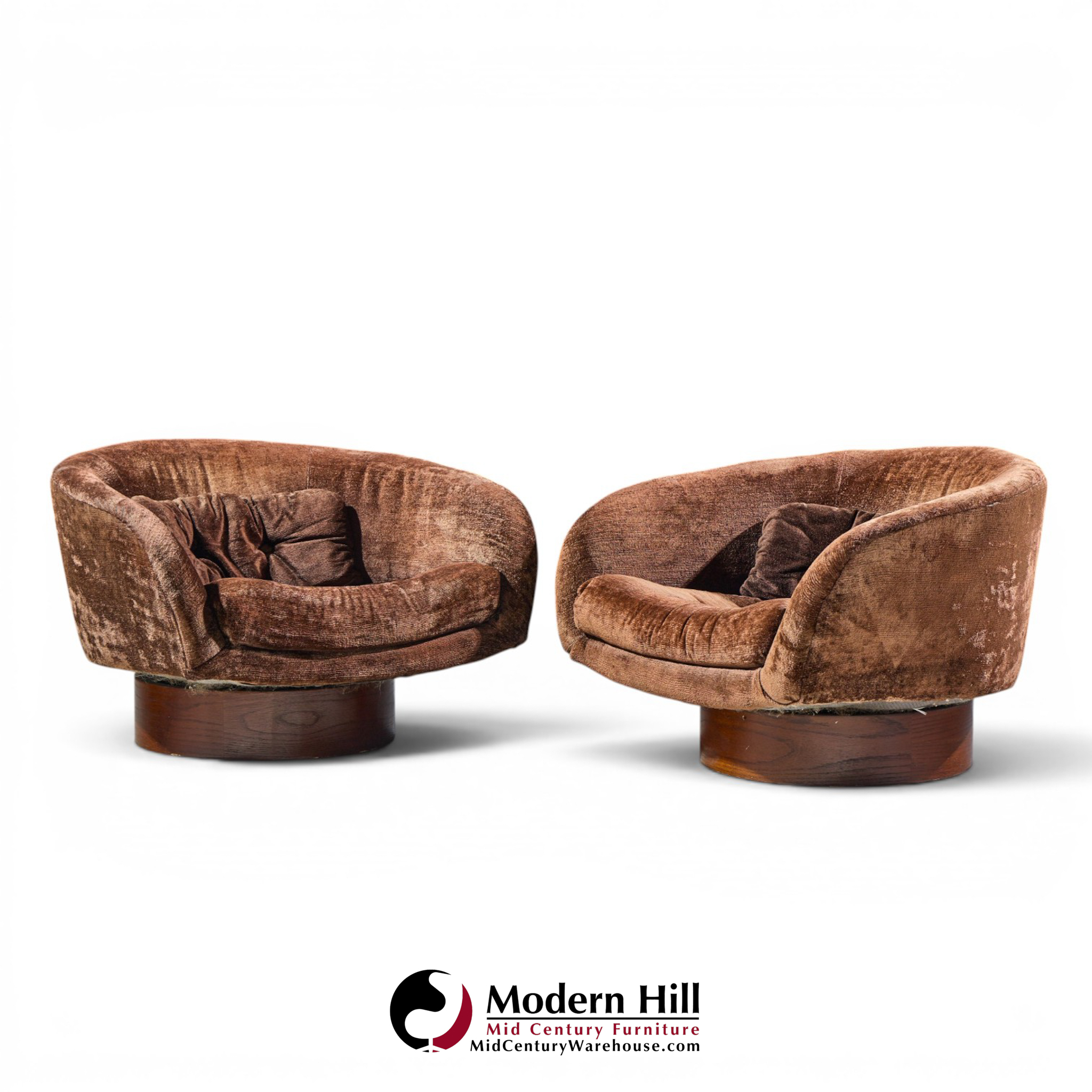milo baughman for thayer coggin mid century walnut swivel barrel tub chairs - pair