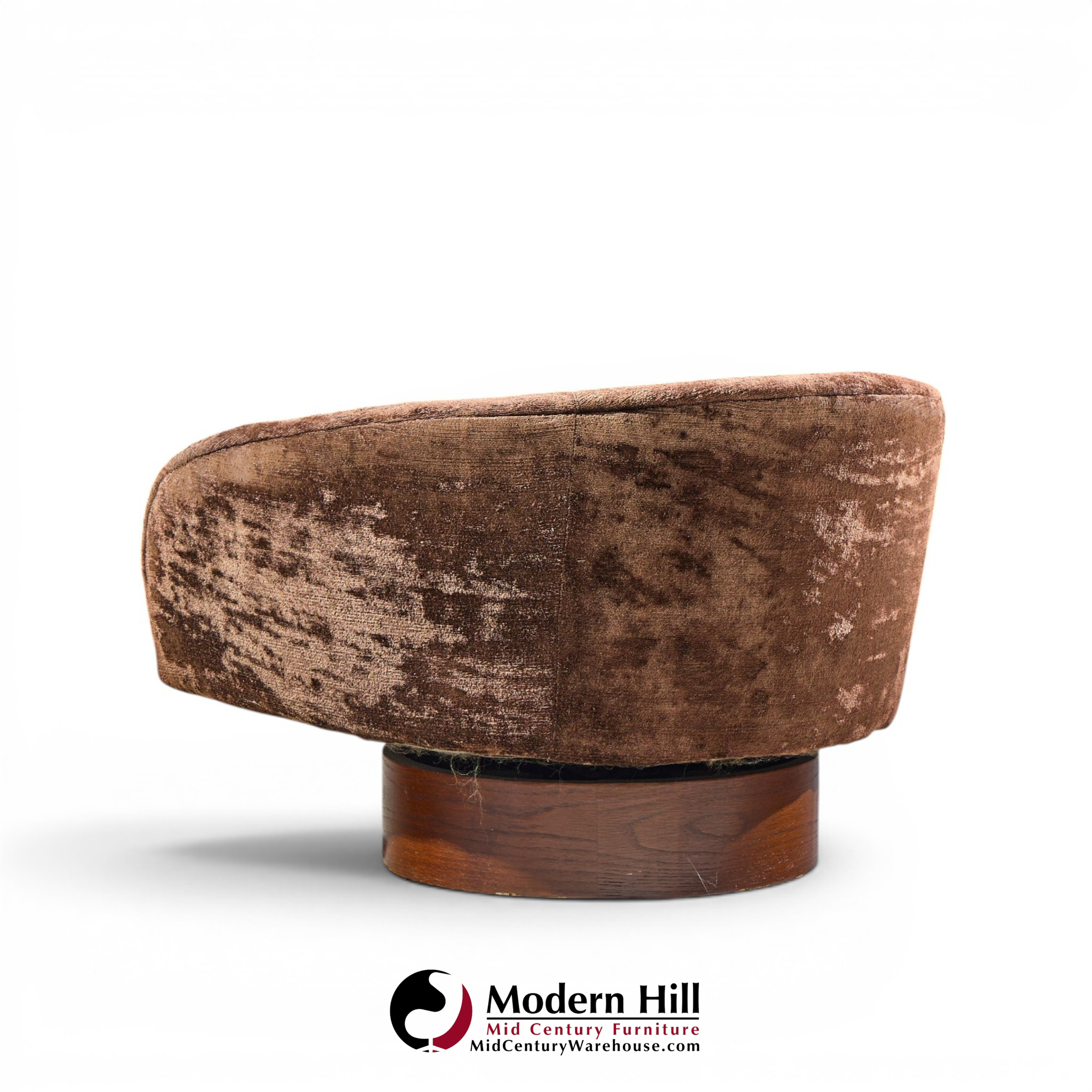 milo baughman for thayer coggin mid century walnut swivel barrel tub chairs - pair