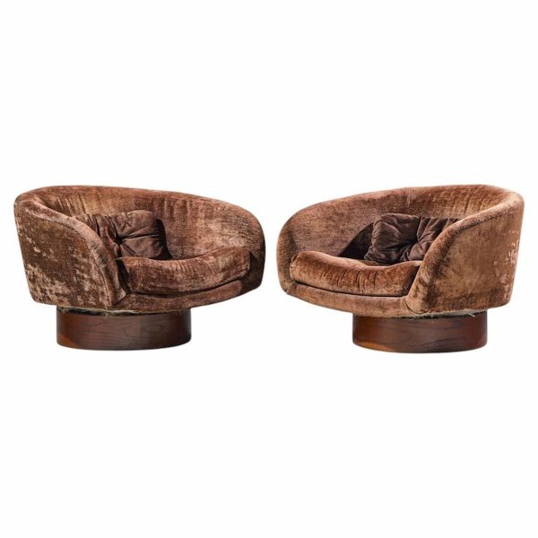 milo baughman for thayer coggin mid century walnut swivel barrel tub chairs - pair