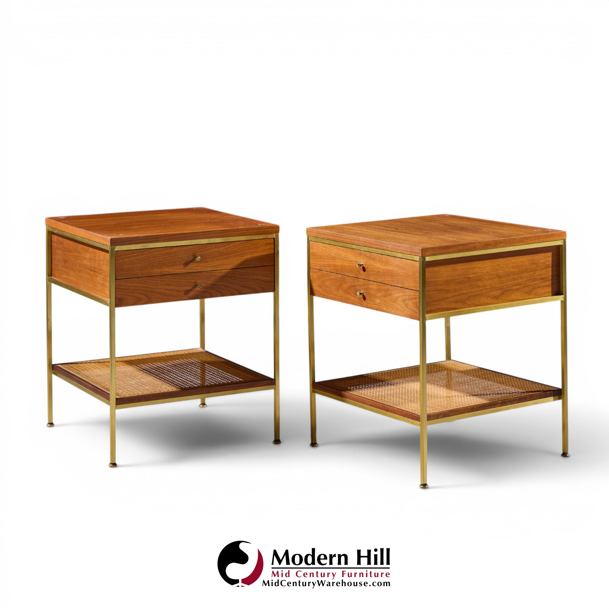 paul mccobb model 8714 mahogany, brass and cane nightstands - pair