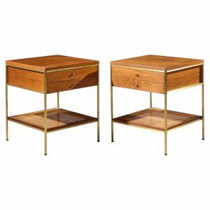 paul mccobb model 8714 mid century mahogany, brass and cane nightstands - pair