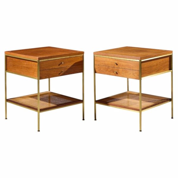 paul mccobb model 8714 mid century mahogany, brass and cane nightstands - pair