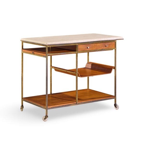 paul mccobb for calvin irwin collection model c9203 mid century travertine, brass and mahogany bar cart