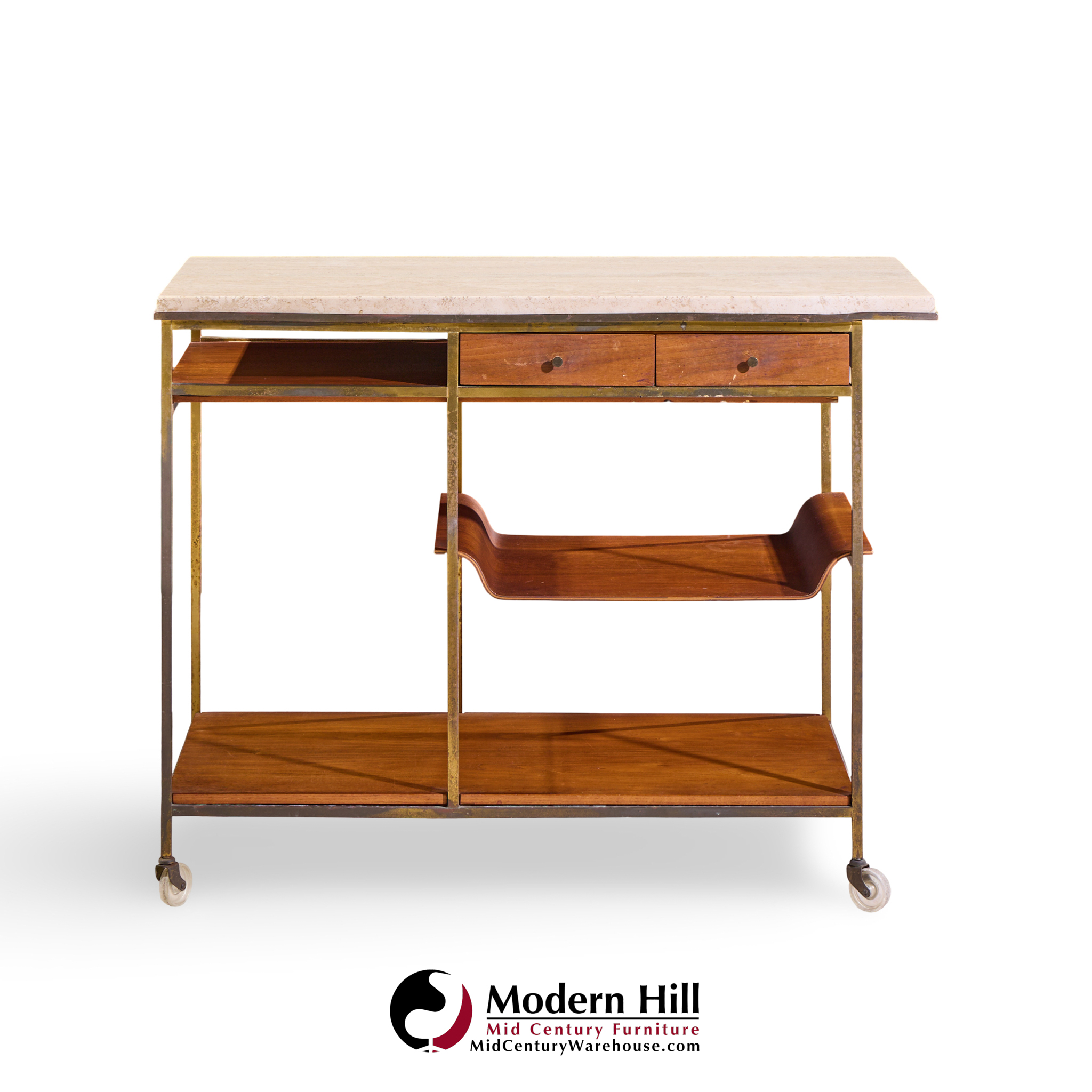 paul mccobb for calvin irwin collection model c9203 mid century travertine, brass and mahogany bar cart