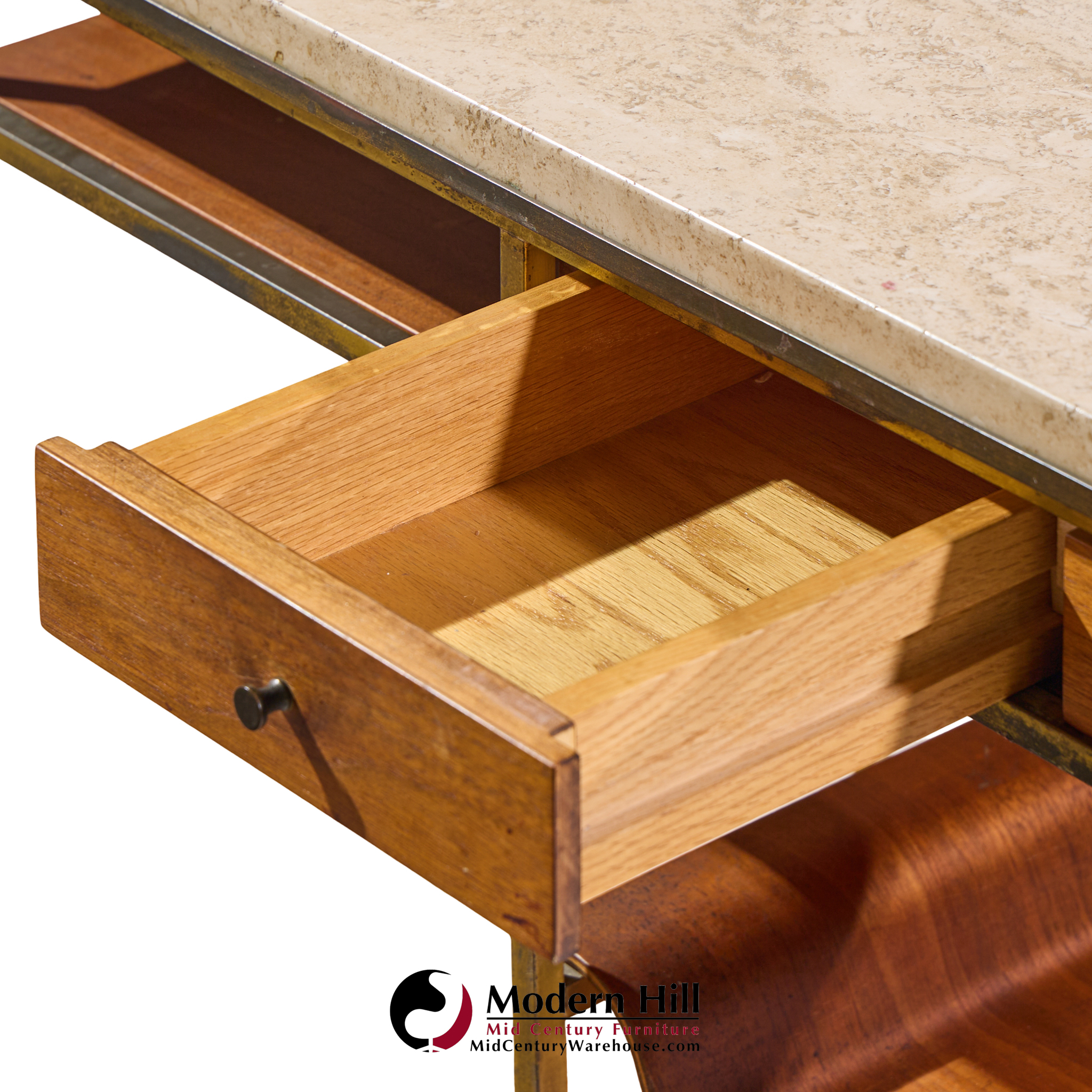 paul mccobb for calvin irwin collection model c9203 mid century travertine, brass and mahogany bar cart
