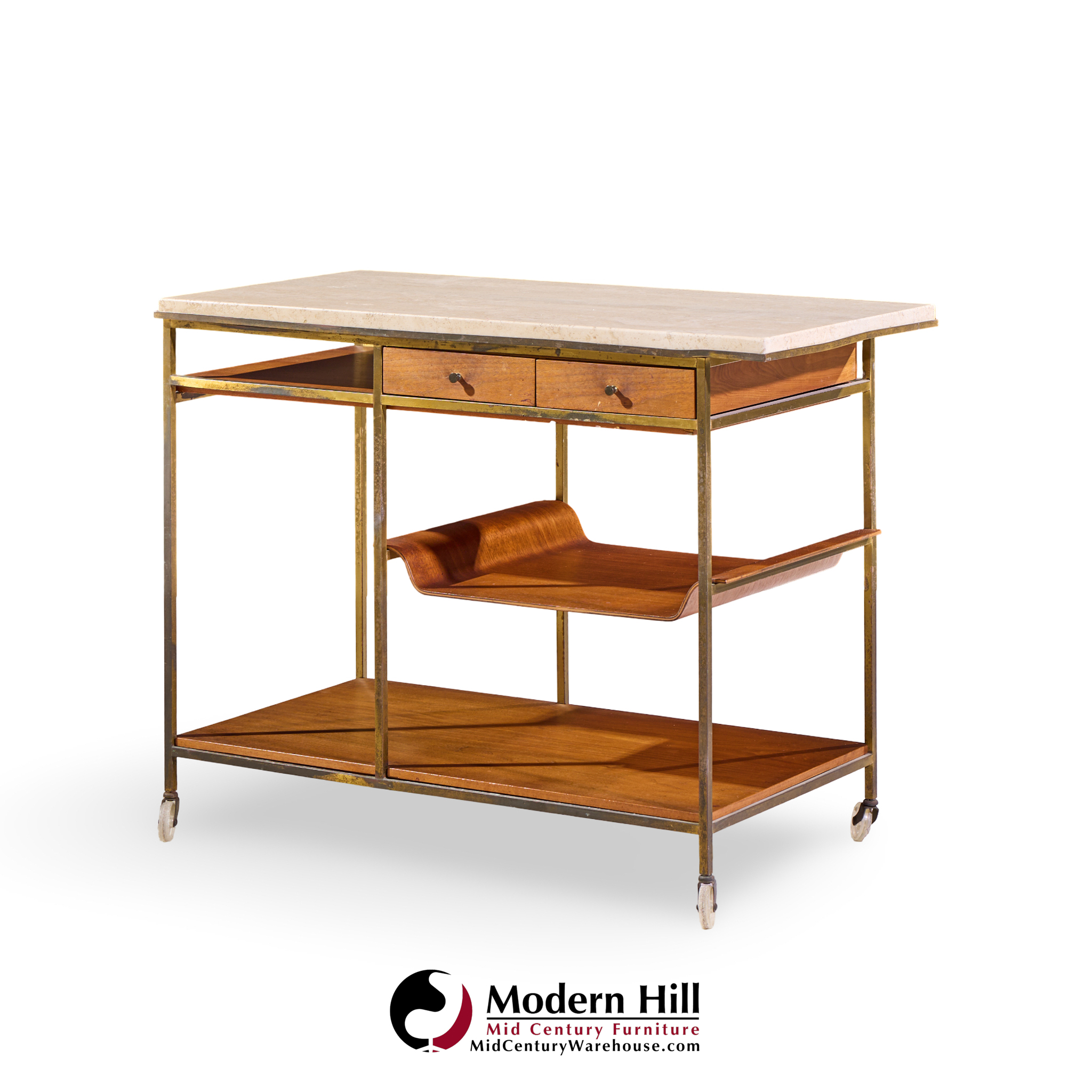 paul mccobb for calvin irwin collection model c9203 mid century travertine, brass and mahogany bar cart