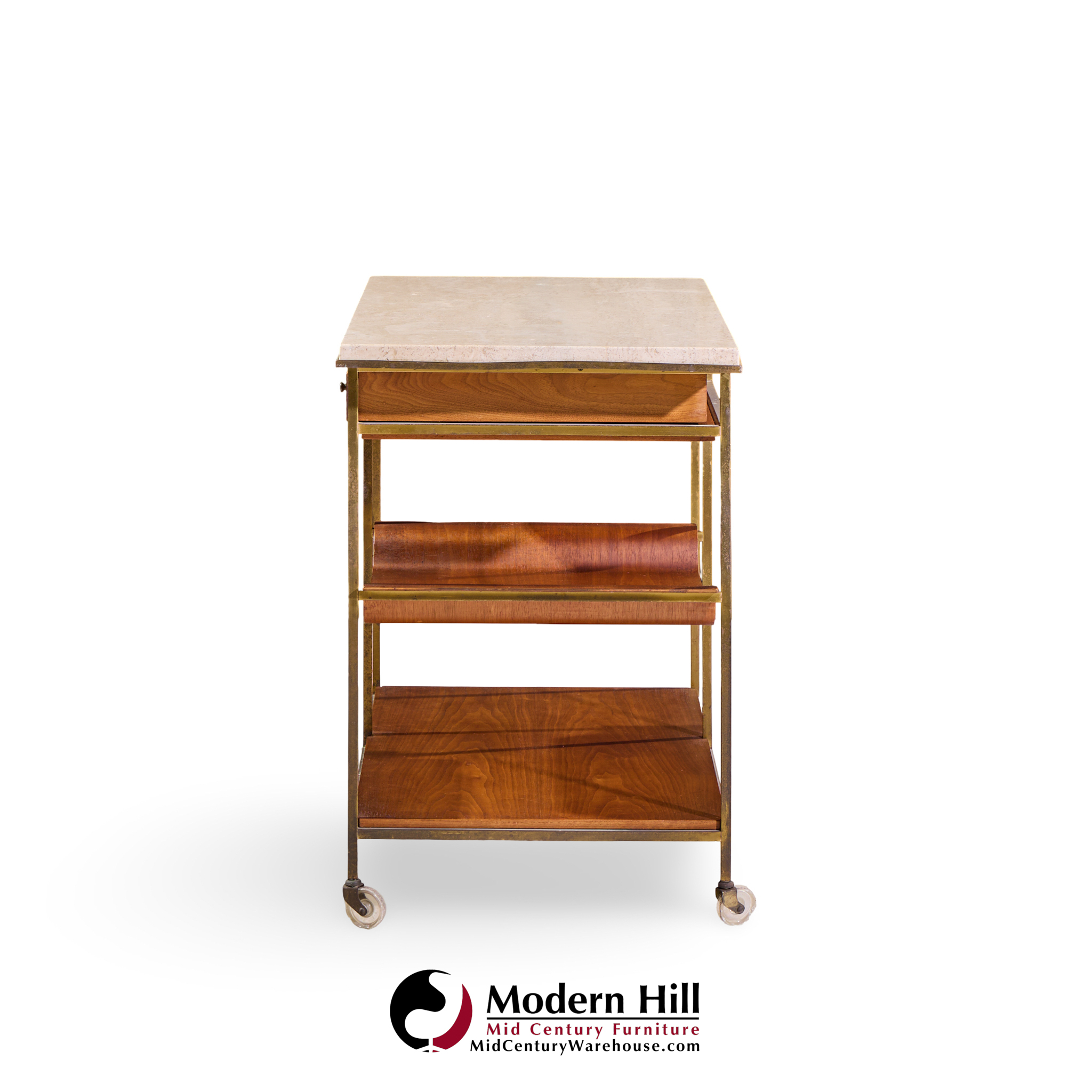 paul mccobb for calvin irwin collection model c9203 mid century travertine, brass and mahogany bar cart