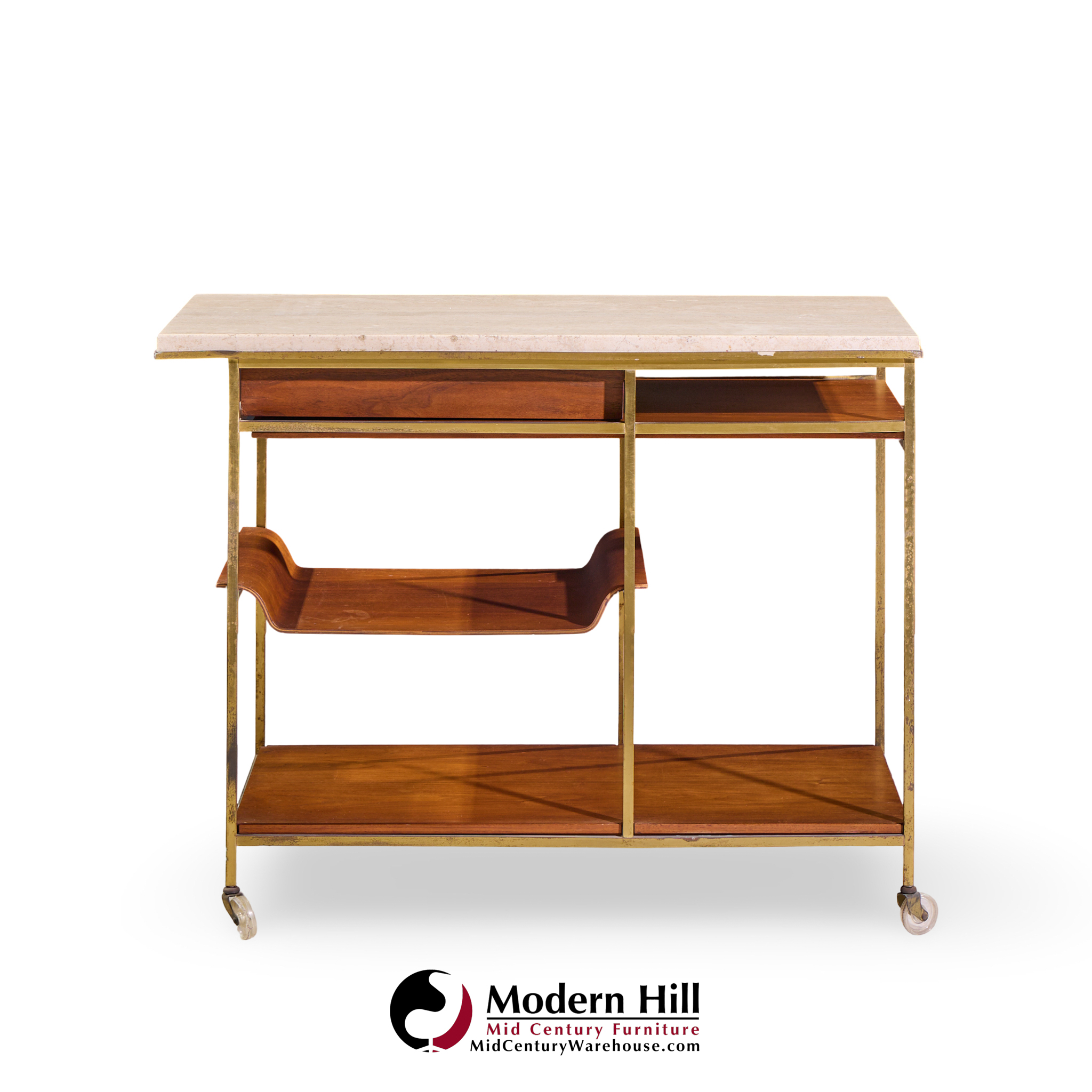 paul mccobb for calvin irwin collection model c9203 mid century travertine, brass and mahogany bar cart