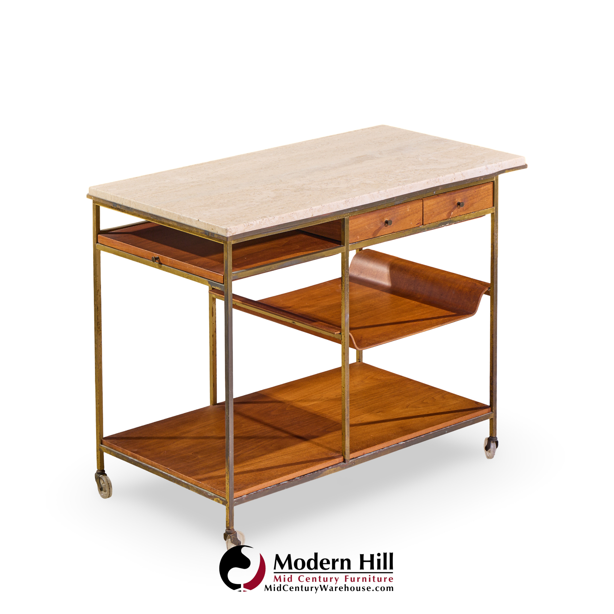 paul mccobb for calvin irwin collection model c9203 mid century travertine, brass and mahogany bar cart