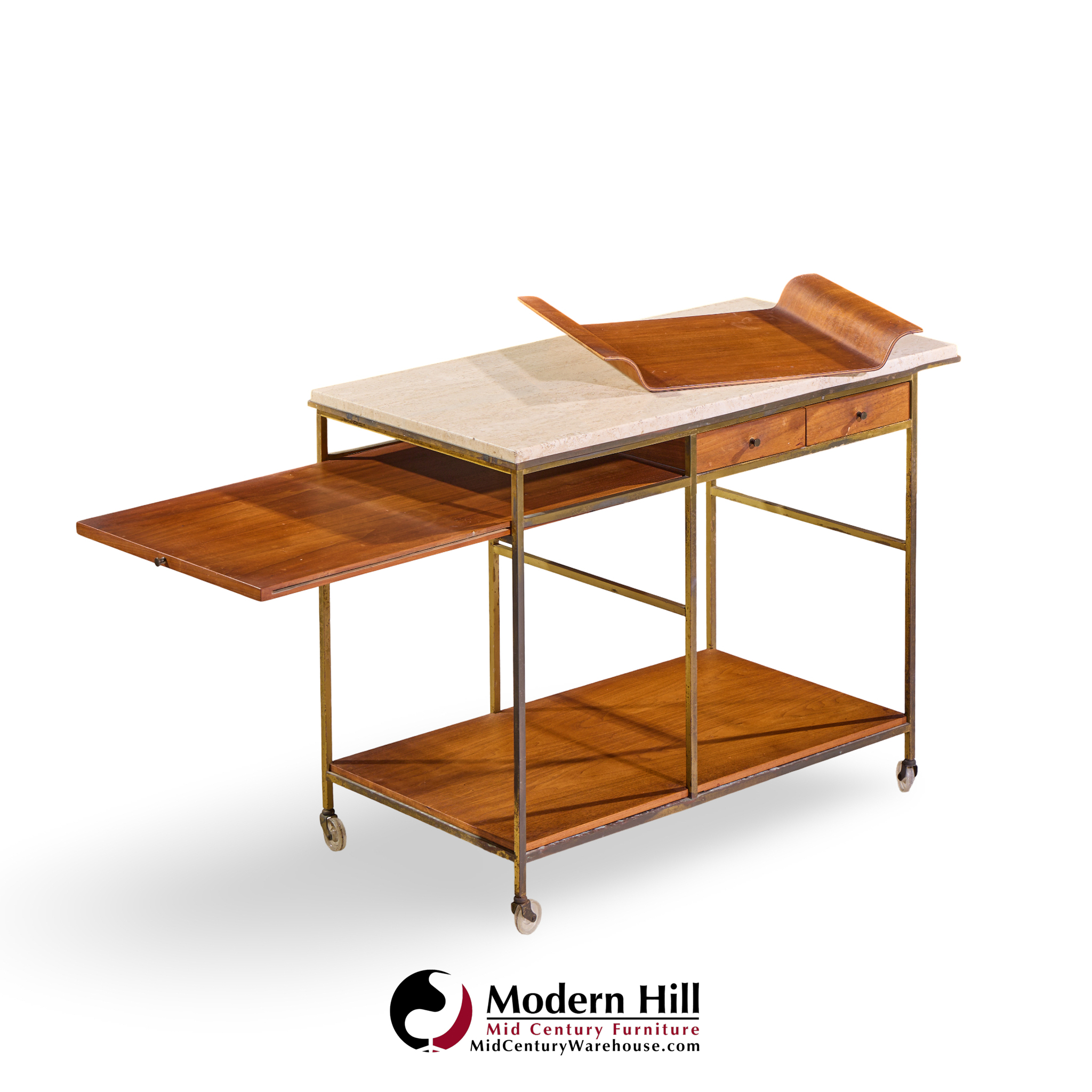paul mccobb for calvin irwin collection model c9203 mid century travertine, brass and mahogany bar cart