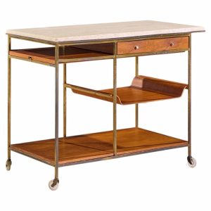 paul mccobb for calvin irwin collection model c9203 mid century travertine, brass and mahogany bar cart