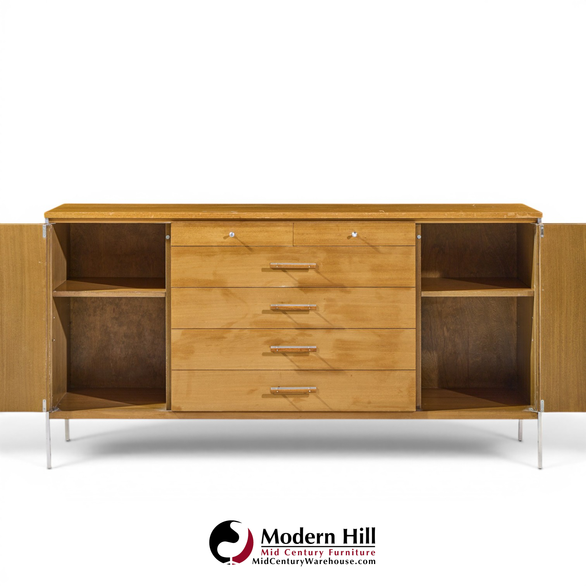 paul mccobb for calvin linear mid century walnut and stainless steel credenza