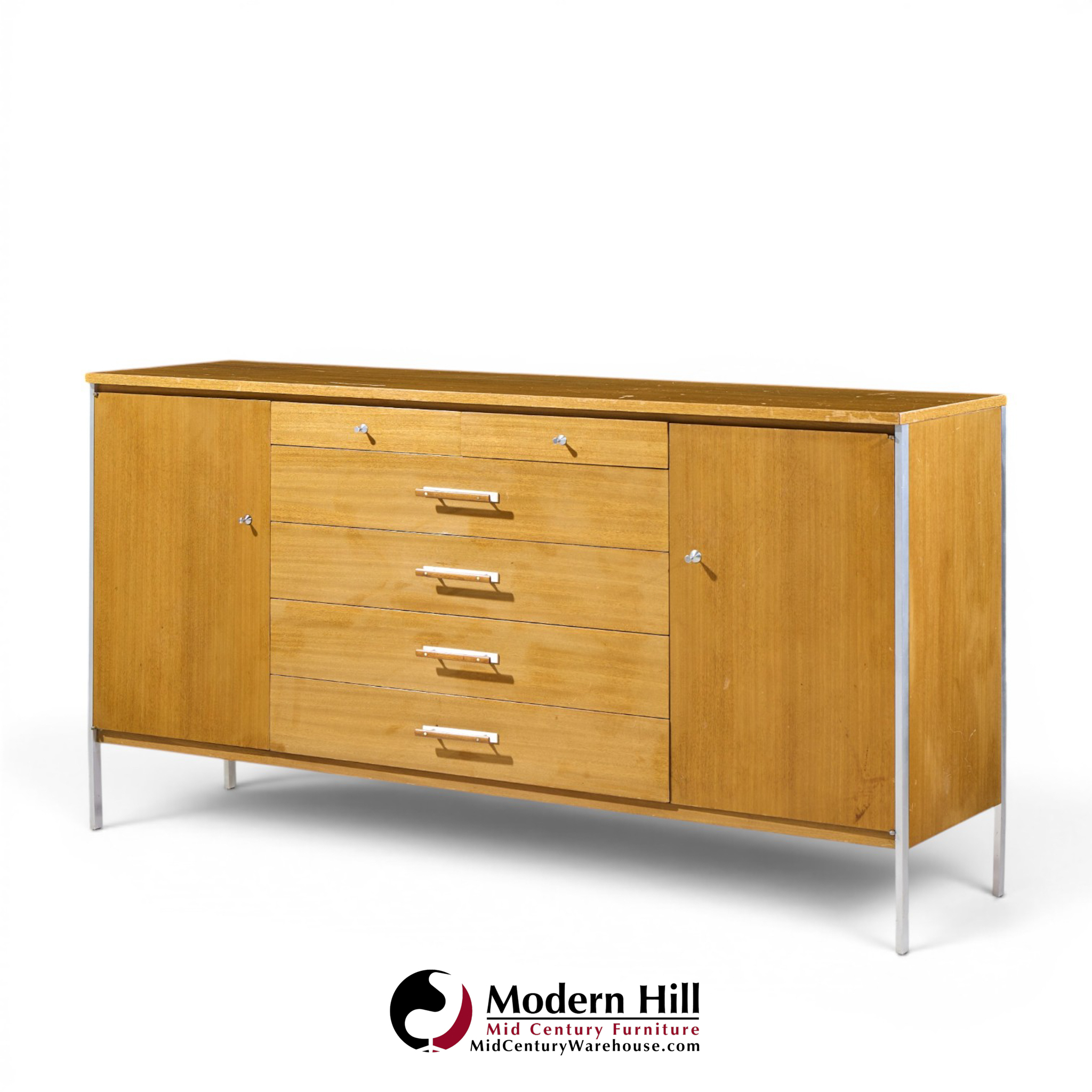 paul mccobb for calvin linear mid century walnut and stainless steel credenza