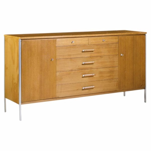 paul mccobb for calvin linear mid century walnut and stainless steel credenza
