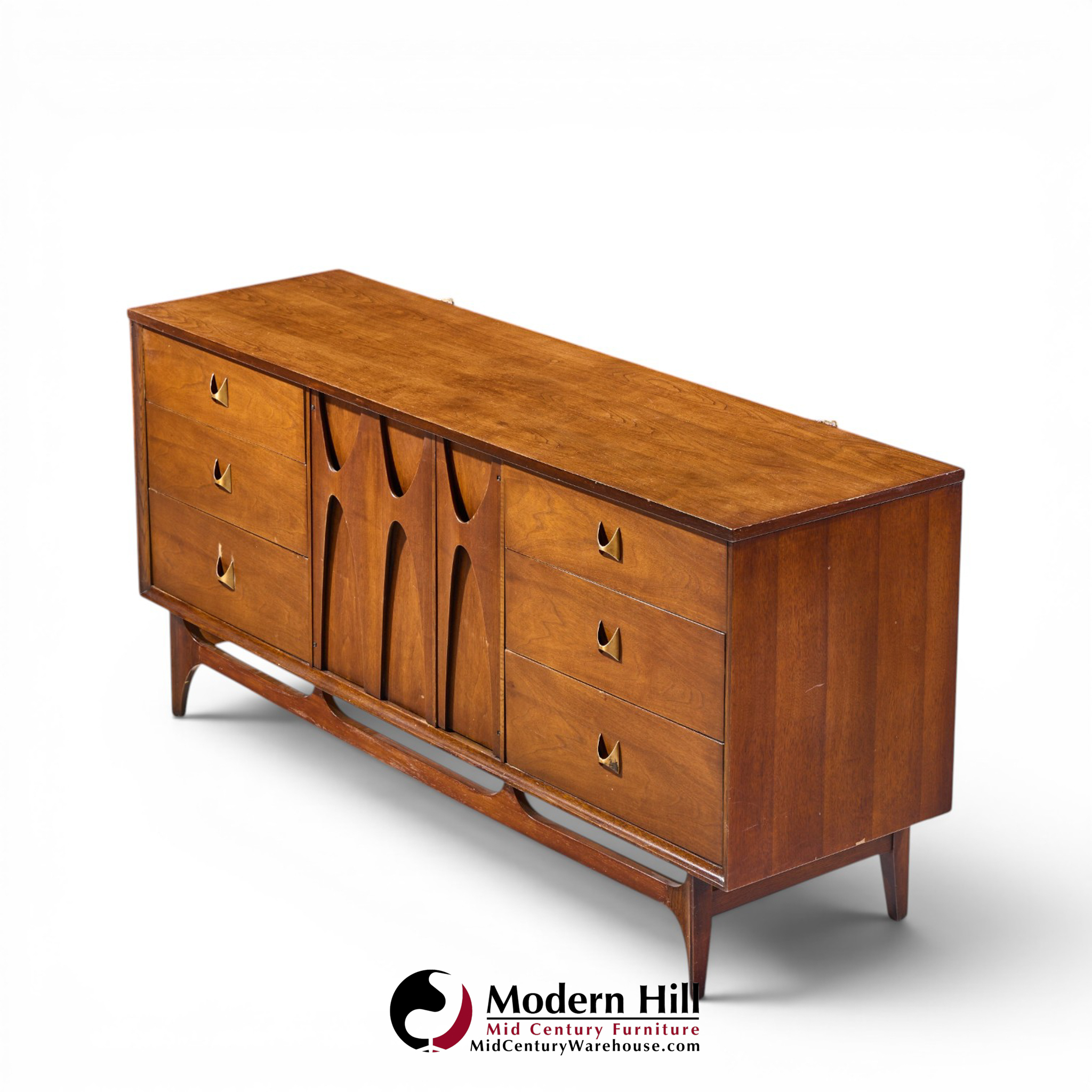 broyhill brasilia mid century walnut and brass lowboy 9 drawer dresser