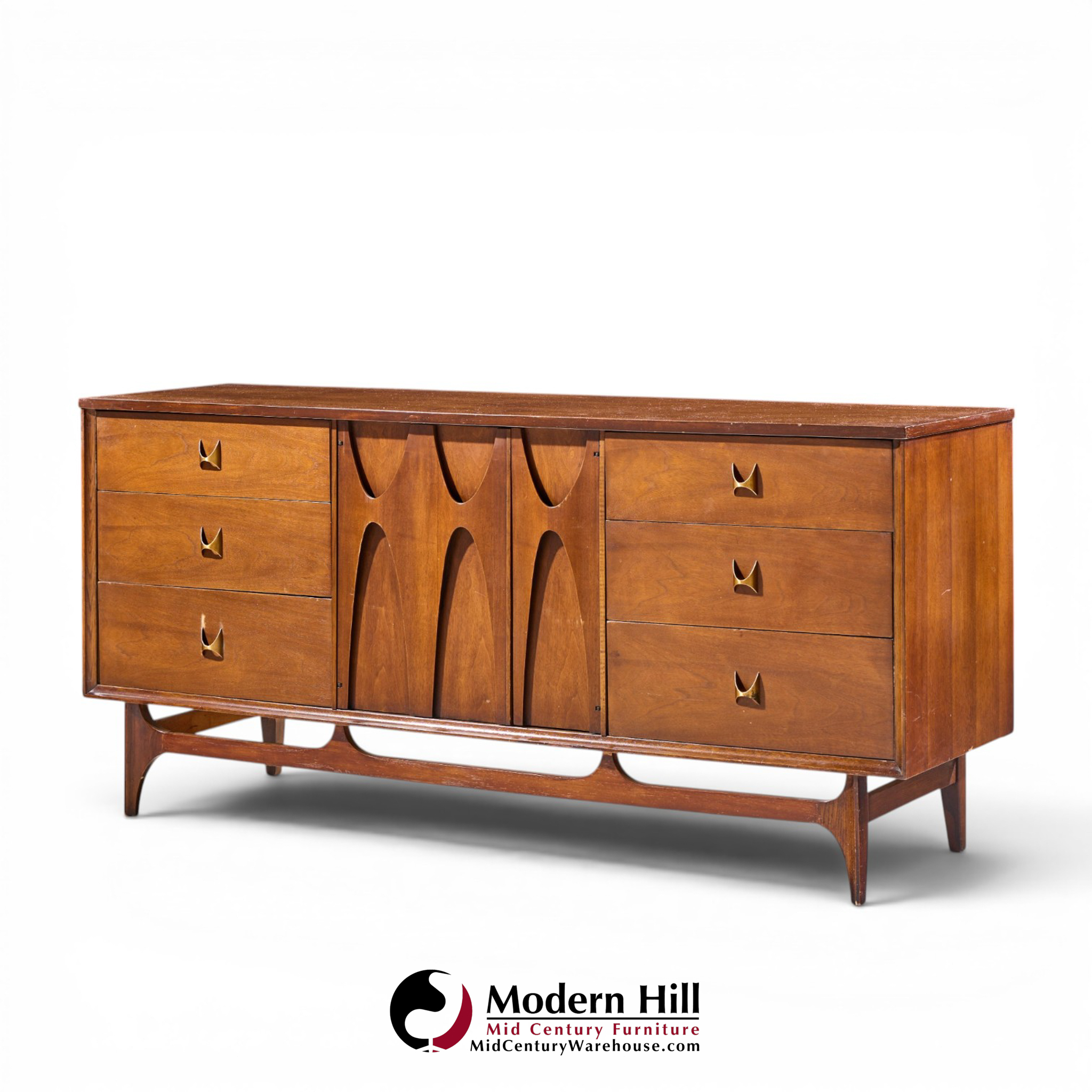 broyhill brasilia mid century walnut and brass lowboy 9 drawer dresser