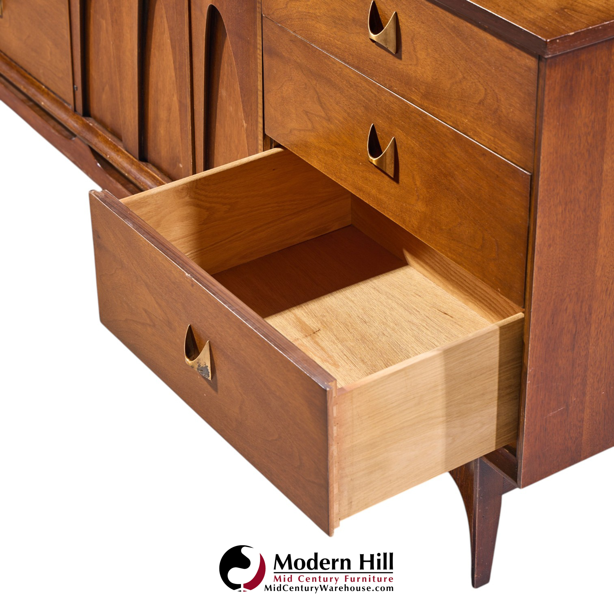 broyhill brasilia mid century walnut and brass lowboy 9 drawer dresser
