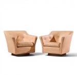 edward wormley for dunbar style mid century walnut swivel lounge chairs - pair