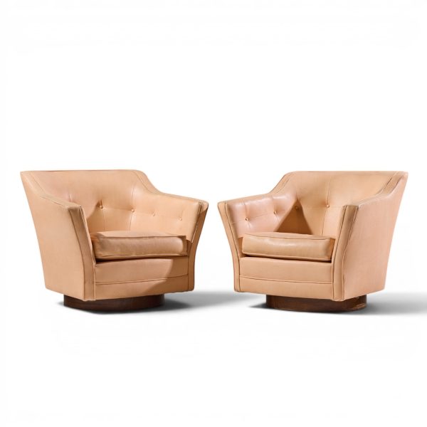 edward wormley for dunbar style mid century walnut swivel lounge chairs - pair