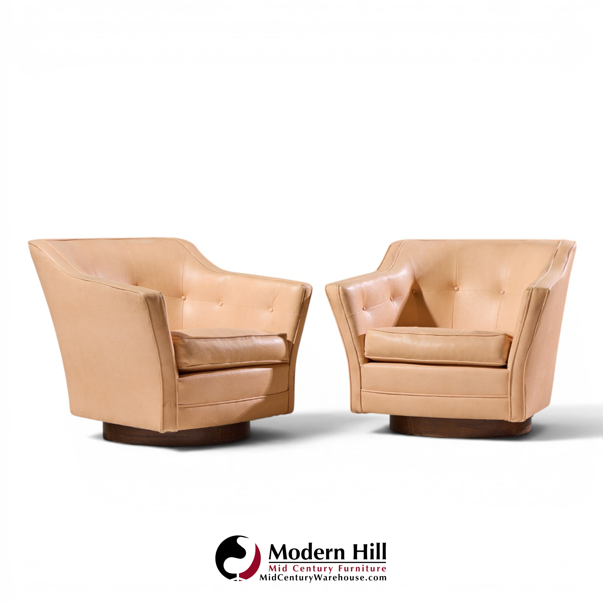 edward wormley for dunbar style mid century walnut swivel lounge chairs - pair