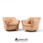 edward wormley for dunbar style mid century walnut swivel lounge chairs - pair