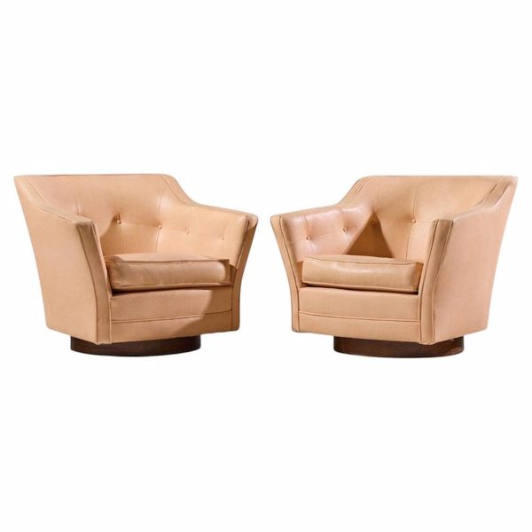 edward wormley for dunbar style mid century walnut swivel lounge chairs - pair