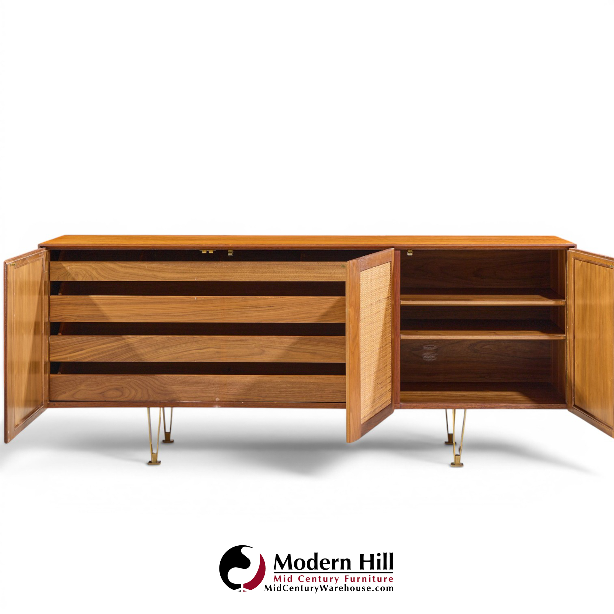 gio ponti for singer & sons model 2184 mid century walnut, cane and brass credenza