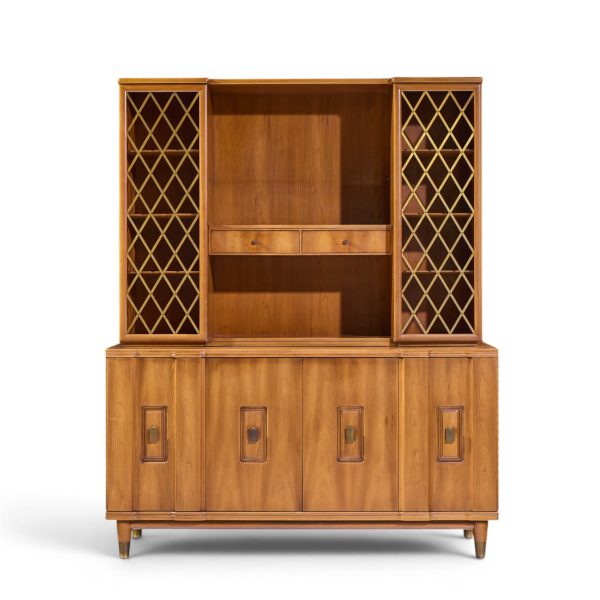 john widdicomb mid century walnut and brass credenza with hutch