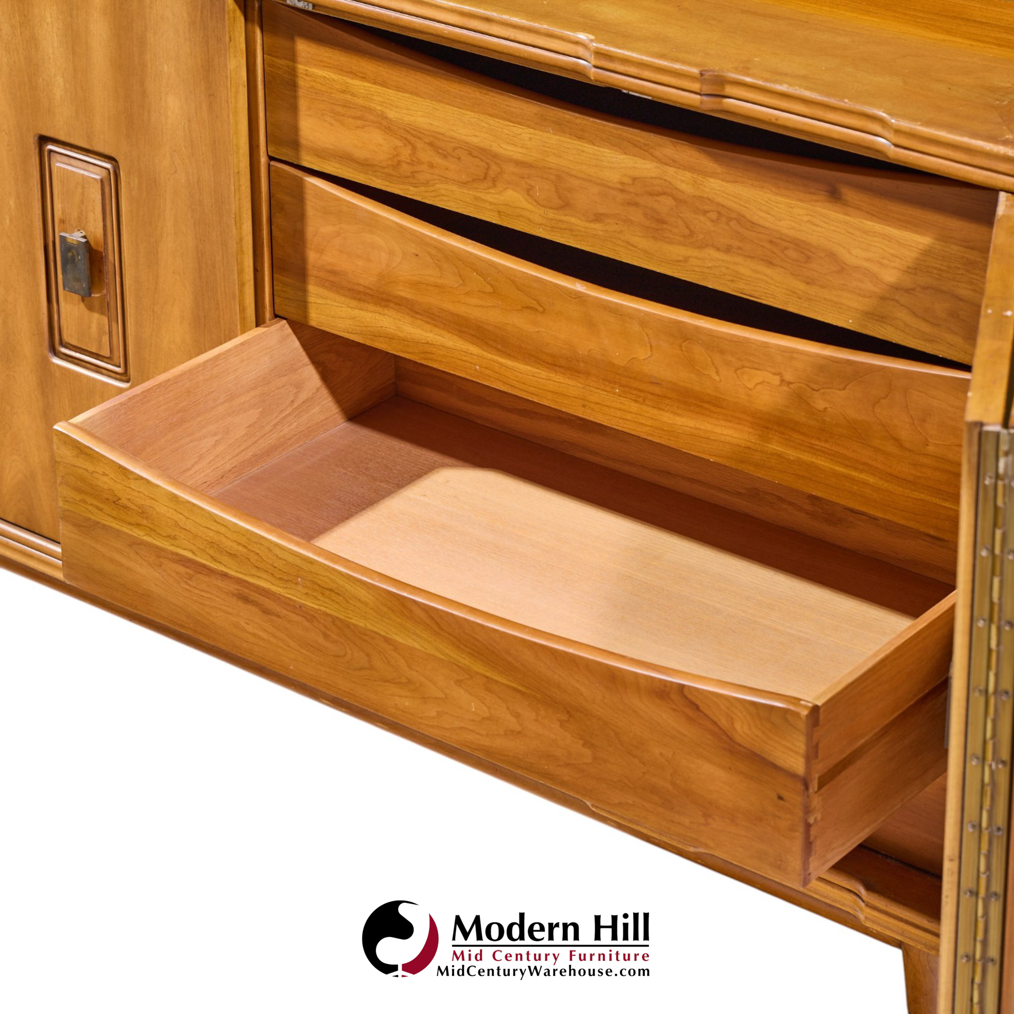 john widdicomb mid century walnut and brass credenza with hutch
