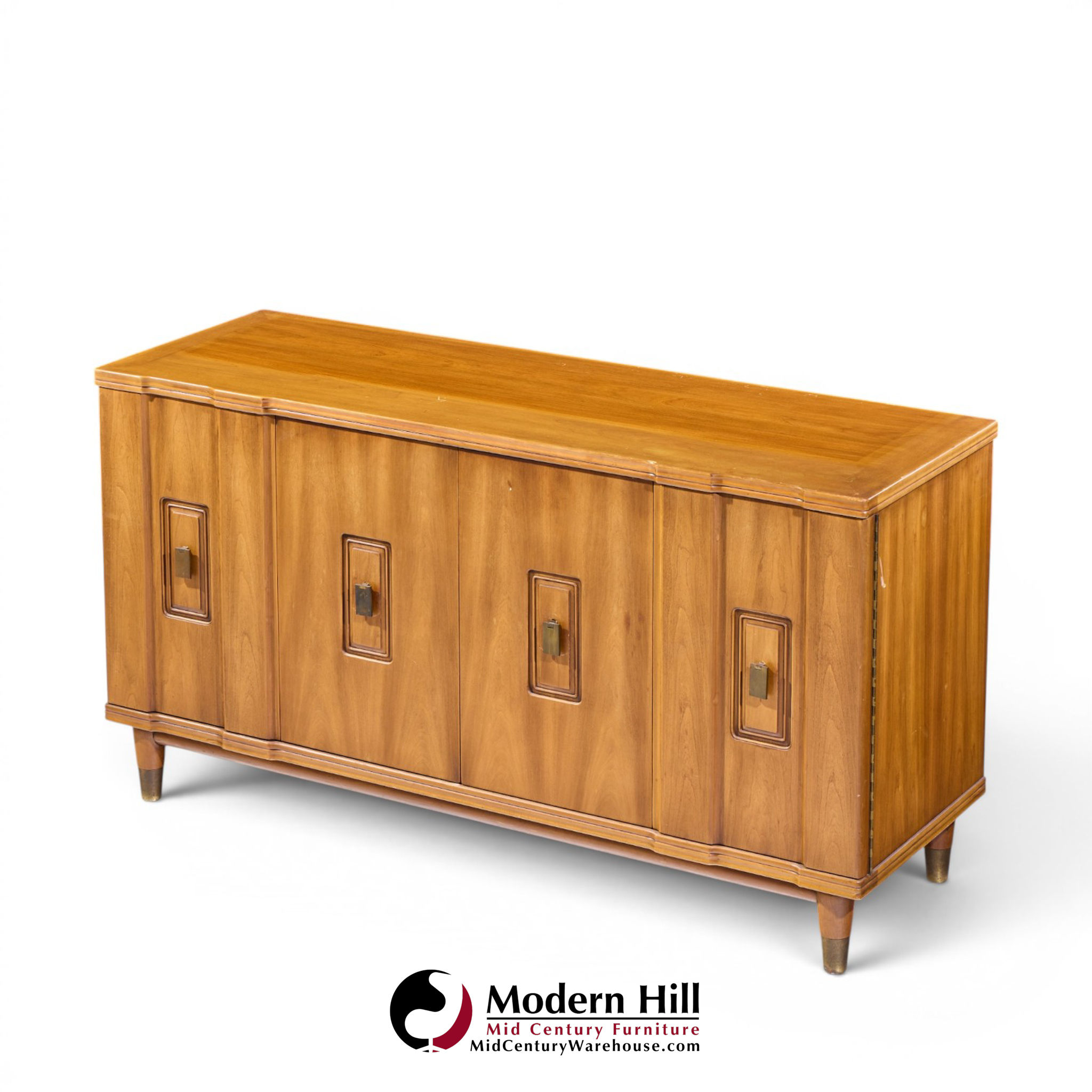 john widdicomb mid century walnut and brass credenza with hutch