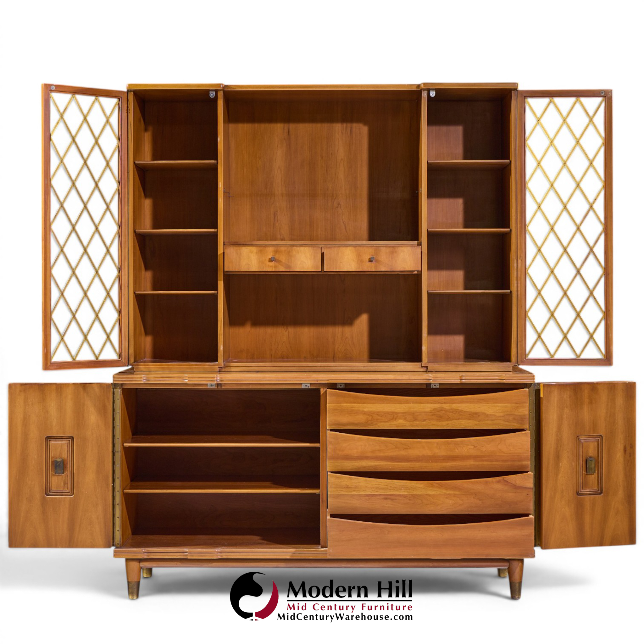 john widdicomb mid century walnut and brass credenza with hutch