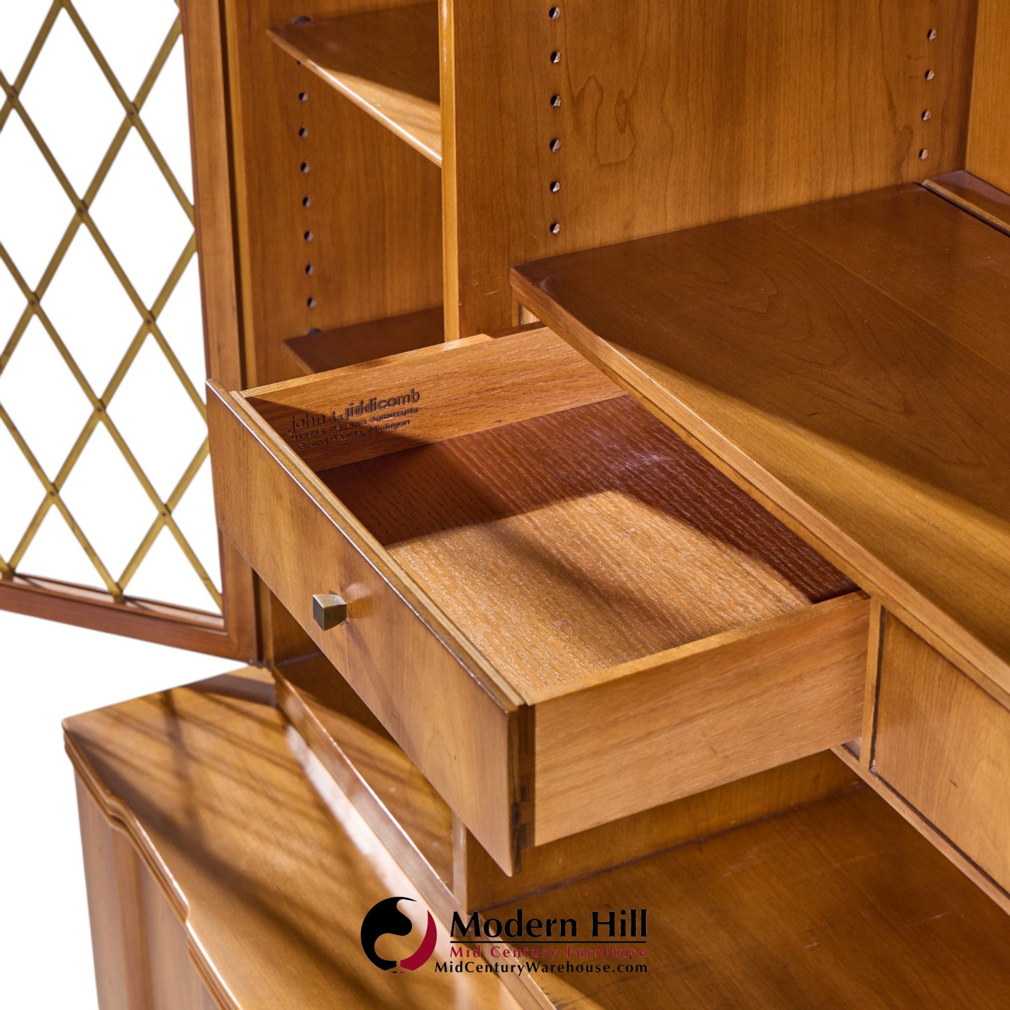 john widdicomb mid century walnut and brass credenza with hutch