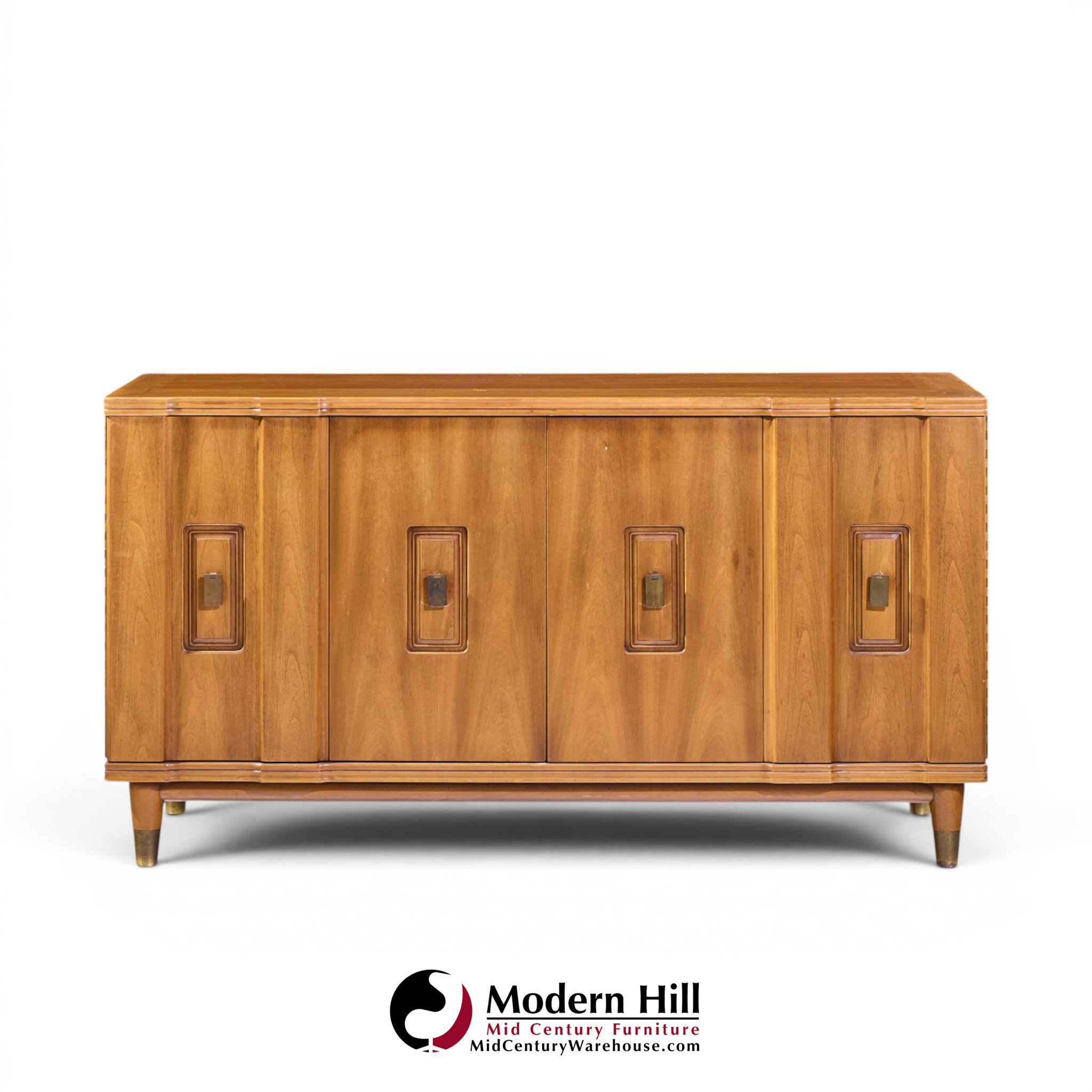 john widdicomb mid century walnut and brass credenza with hutch