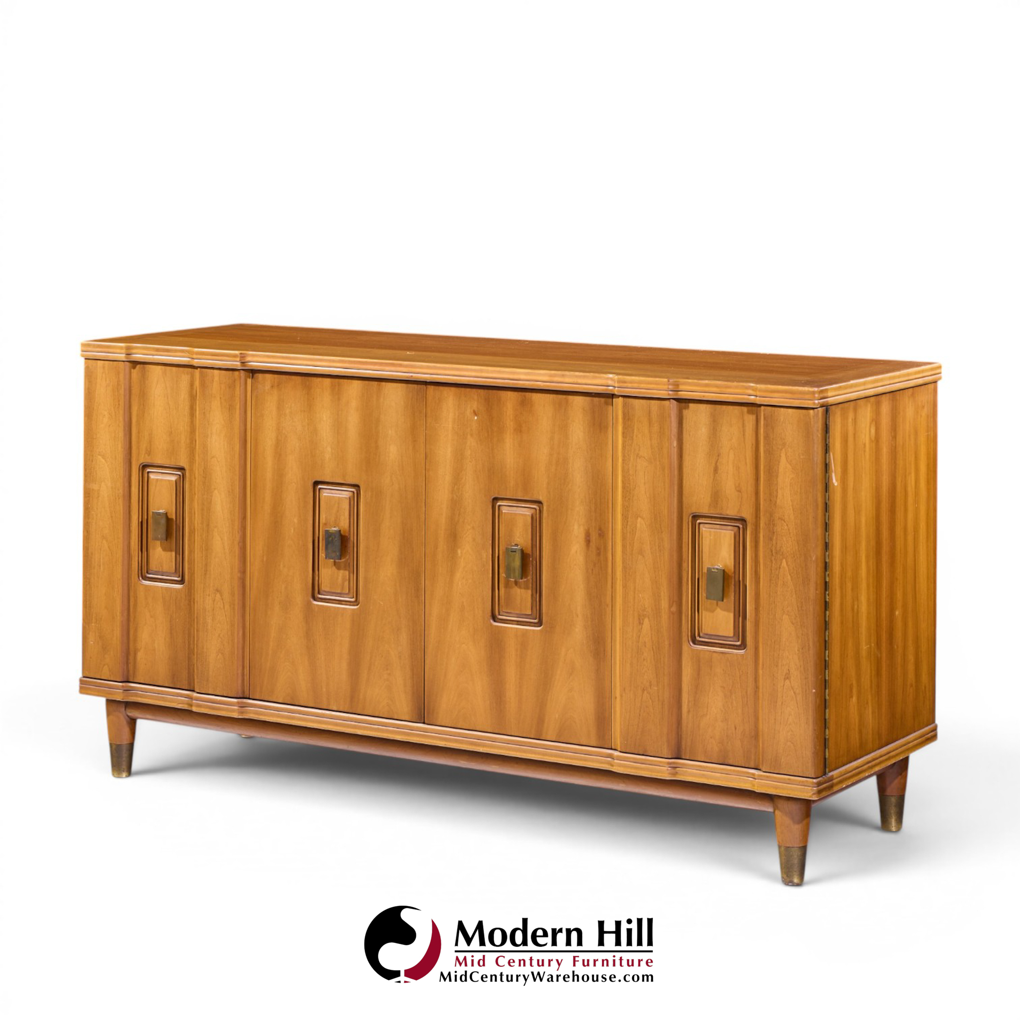 john widdicomb mid century walnut and brass credenza with hutch