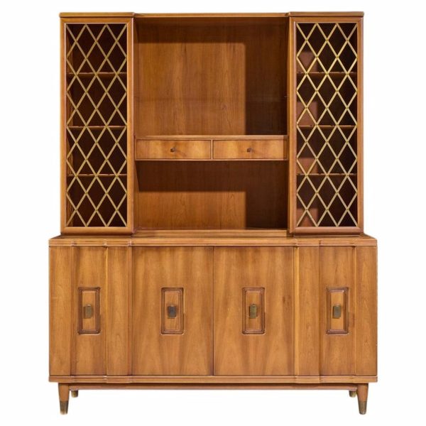 john widdicomb mid century walnut and brass credenza with hutch