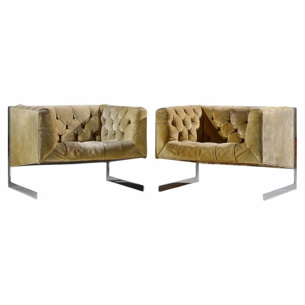 milo baughman for thayer coggin mid century cantilever steel tufted lounge chairs - pair