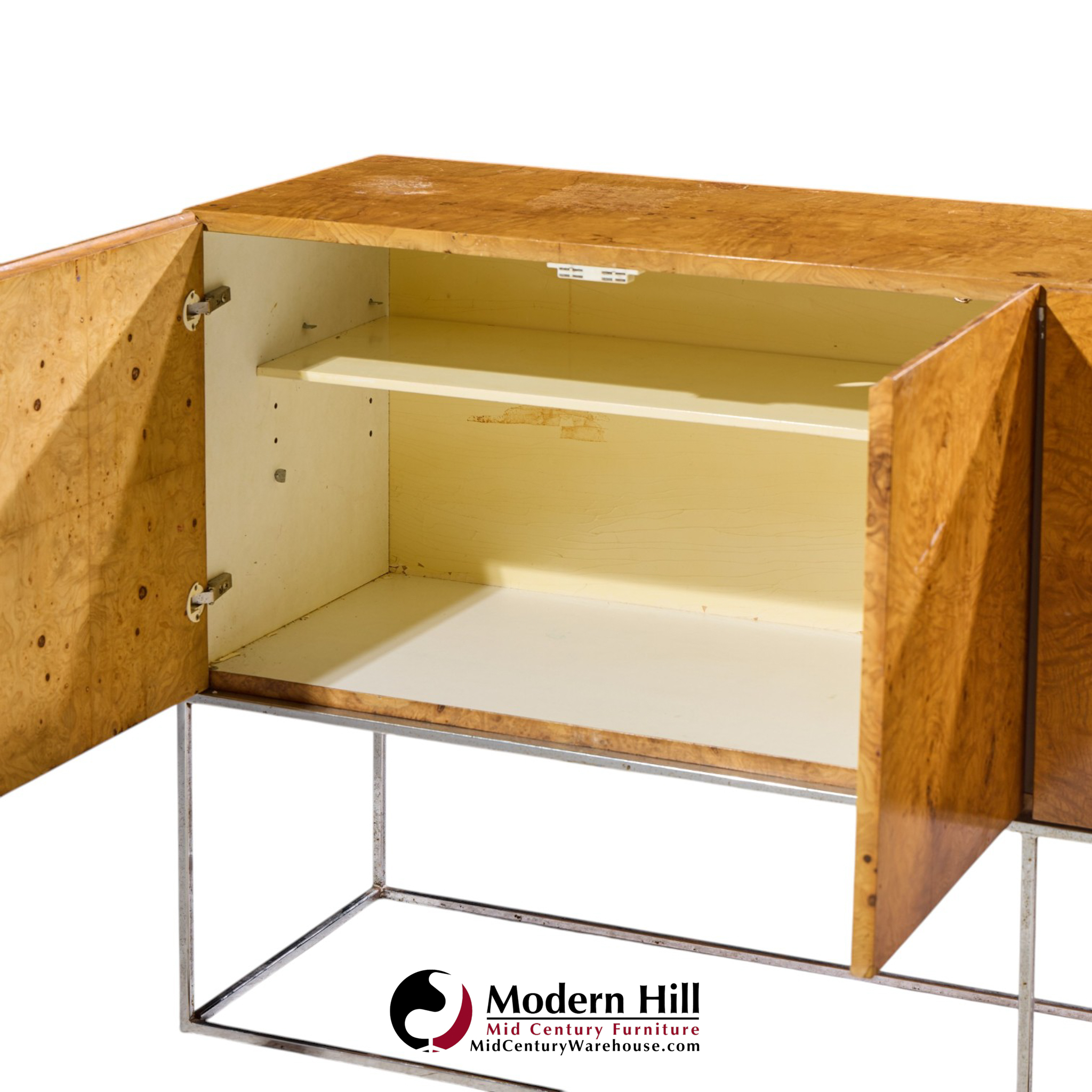 milo baughman for thayer coggin mid century burlwood and chrome credenza