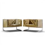 milo baughman for thayer coggin mid century cantilever steel tufted lounge chairs - pair