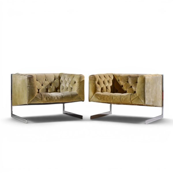 milo baughman for thayer coggin mid century cantilever steel tufted lounge chairs - pair