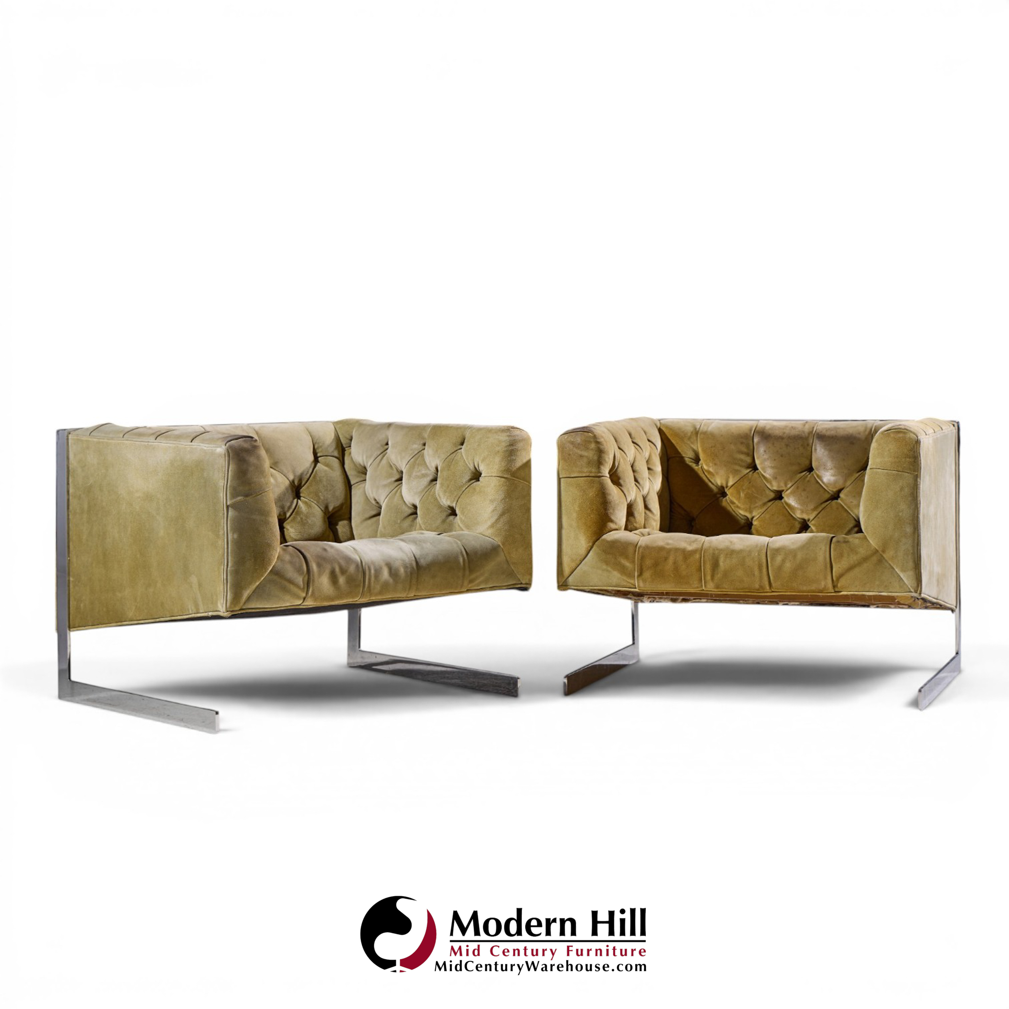 milo baughman for thayer coggin mid century cantilever steel tufted lounge chairs - pair