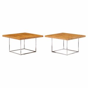 milo baughman for thayer coggin style mid century burlwood and chrome side tables - pair
