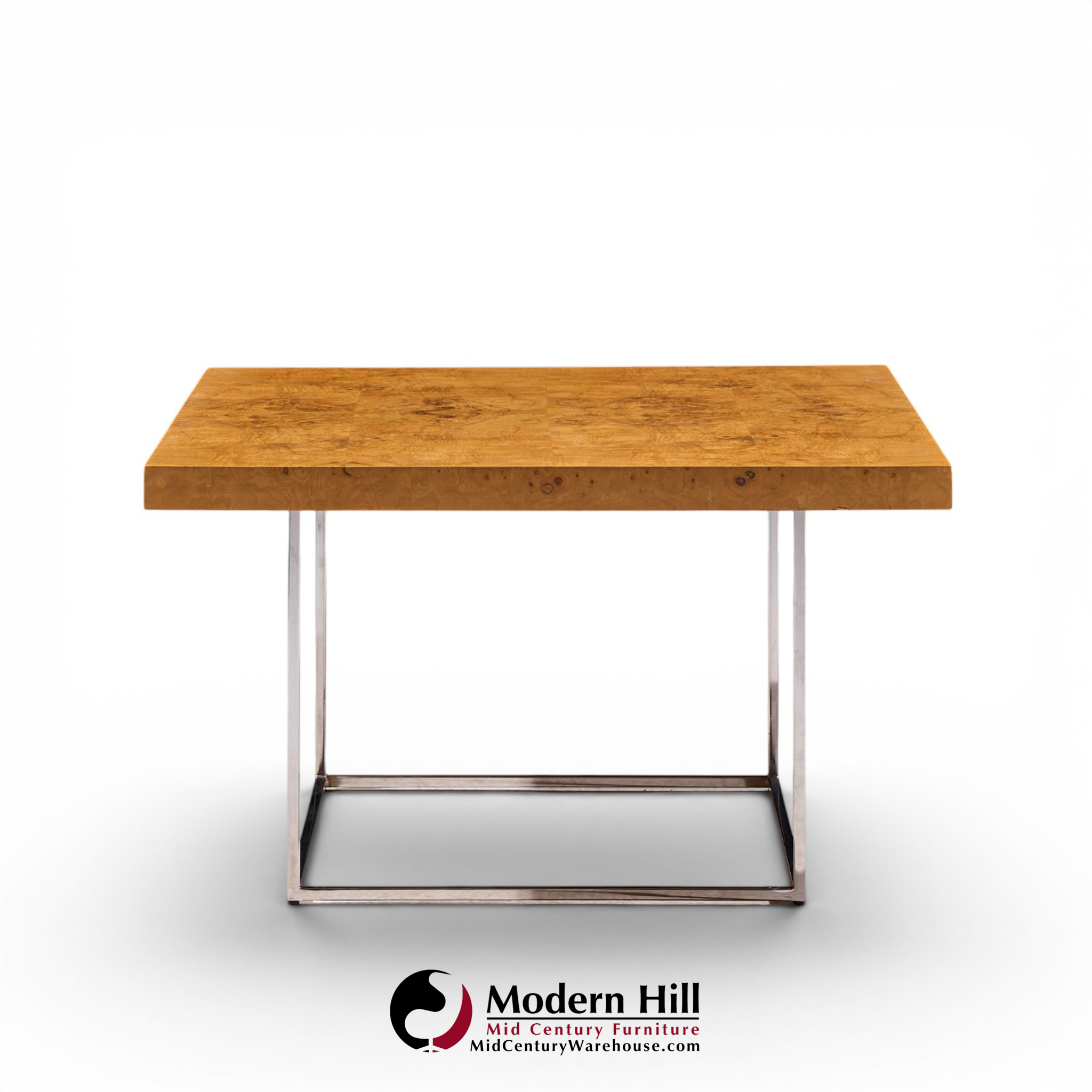 milo baughman for thayer coggin style mid century burlwood and chrome side tables - pair