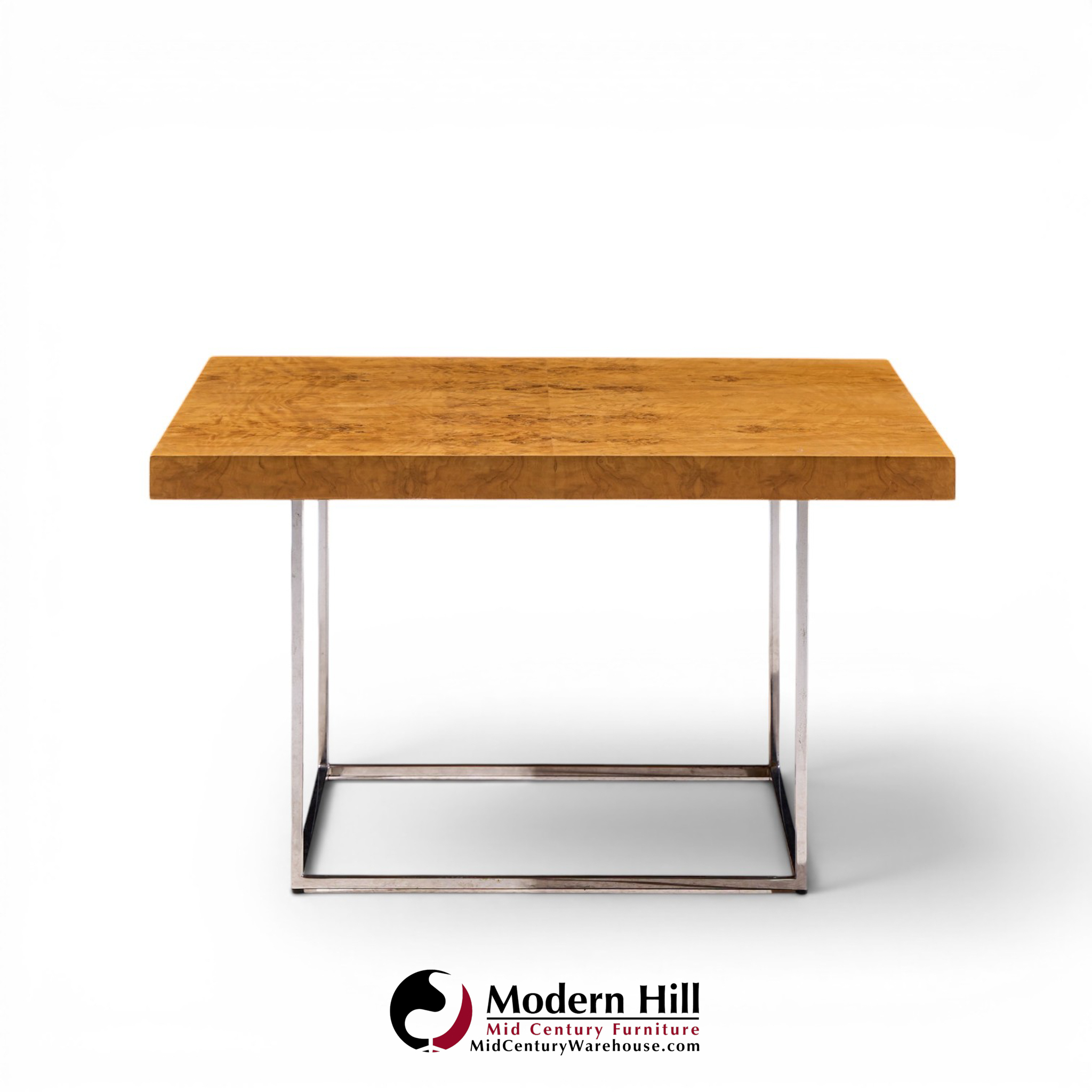 milo baughman for thayer coggin style mid century burlwood and chrome side tables - pair